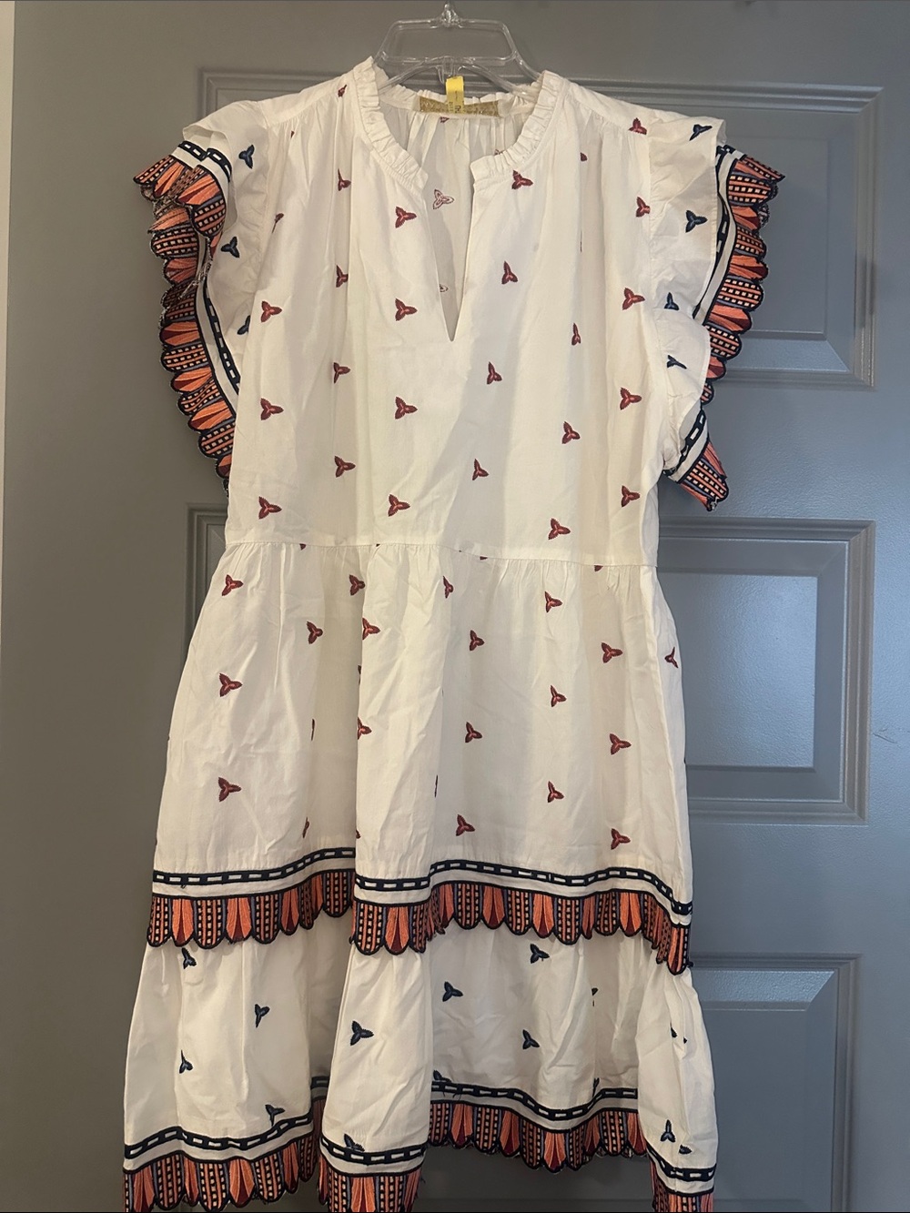 Marie Oliver White Cotton Tiered Mini Dress with Red and Navy Embroidery
